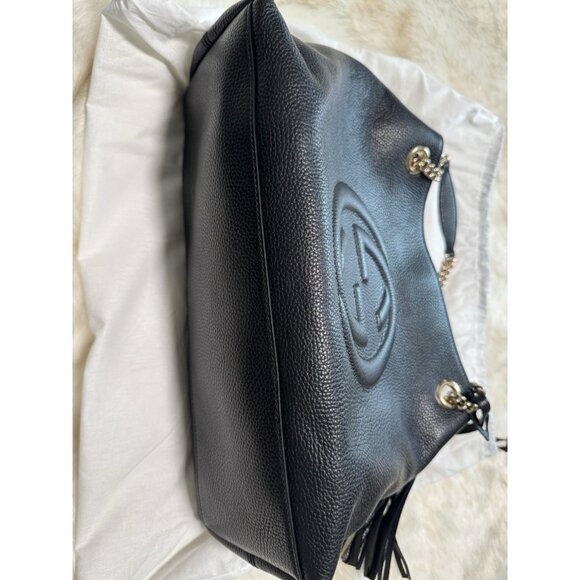 Gucci Soho Handbag Black Leather Tassel Double Chain Medium Shoulder Bag Purse - Picture 4 of 11